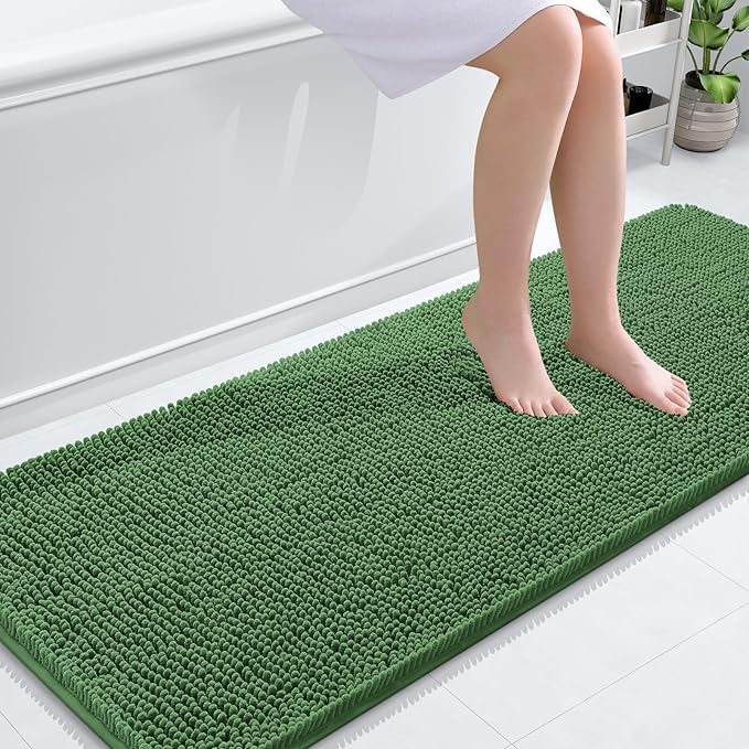 OLANLY Bathroom Rugs 59x24, Extra Soft Absorbent Chenille Bath Rugs, Rubber Backing Quick Dry, Machine Washable Bath Mats for Bathroom Floor, Tub and Shower, Home Decor Accessories, Olive Green