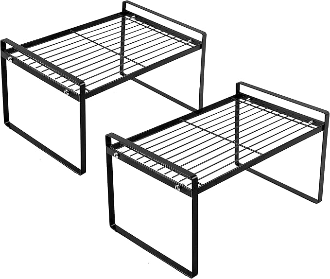 2 Pack Kitchen Cabinet Shelf Counter Organizer Rack Pantry Storage Bathroom Bedroom Office Table Desk Space Saving Steel Frame Stackable Rust Resistant Non Slip Black