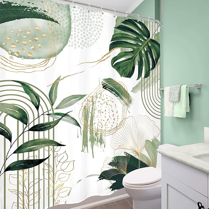 Sage Green Boho Shower Curtain Extra Long Modern Abstract Tropical Leaves Bohemian Gold Palm Leaf Mid Century 72Wx84H Bathroom Decor Geometric Plant Bath Curtain Fabric Polyester 12 Pack Hooks