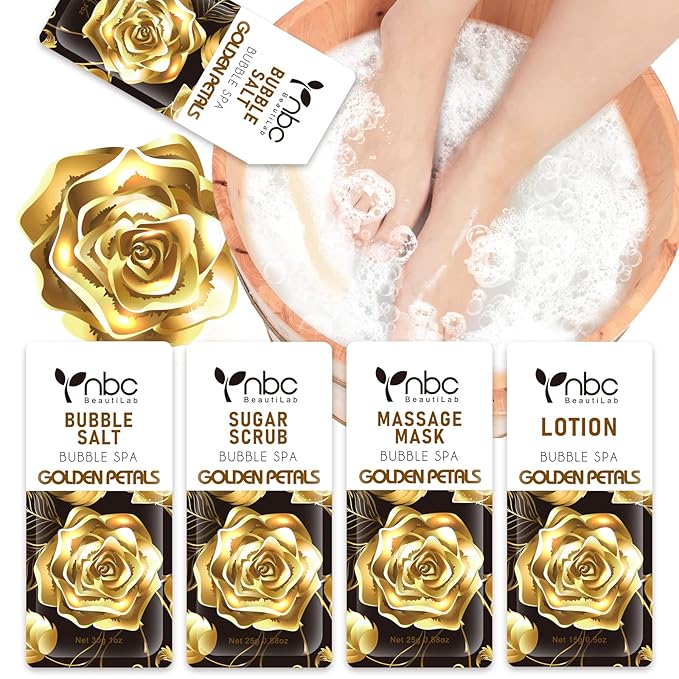 Pedicure Kit Foot Soak Set: Bubble Salt, Sugar Scrub, Massage Mask, Massage Lotion in a Box, 4 Step Foot Spa Kit for Dry Feet,Tired Feet (1 Set Golden Petals)