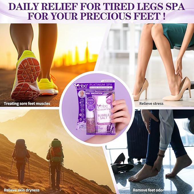 Pedicure Kit Foot Soak Set: Bubble Salt, Sugar Scrub, Massage Mask, Massage Lotion in a Box, 4 Step Foot Spa Kit for Dry Feet,Tired Feet(Lavender)