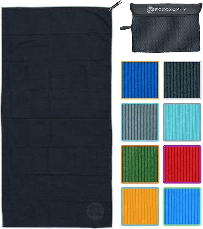 ECCOSOPHY Microfiber Beach Towel – Quick Dry Gym Towel, Highly Absorbent with Ribbed Texture, Lightweight – Ideal for Travel, Pool, Yoga, Fitness & Outdoor Adventures – 71x35 Black