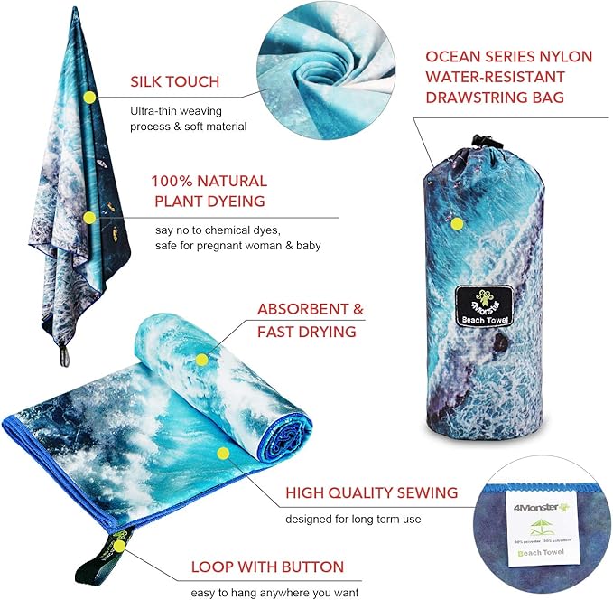 4Monster Microfiber Beach Towel Quick Dry,Super Absorbent Lightweight Travel Towel for Swimmers, Sand Free Camping Towel, Beach Towels for Pool,Swim,Water Sports,Yoga