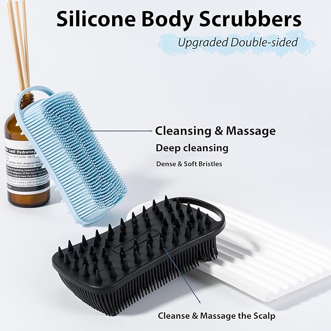 2 PC Silicone Body Scrubber, 2 in 1 Exfoliating Shower Bath Scrubber, Soft Silicone Loofah for Sensitive Skin, Shower Hair Scalp Massager, Easy to Clean, Lather Well (Blue&Black)