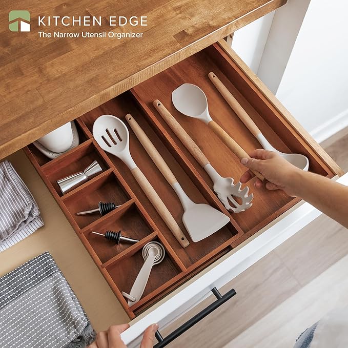 KitchenEdge Adjustable Kitchen Drawer Organizer for Utensils and Junk, Food-Safe Contract Grade with 100% Sustainable Wood, Non-Slip, Expandable from 10.5 to 18.5 Inches Wide - Natural Acacia