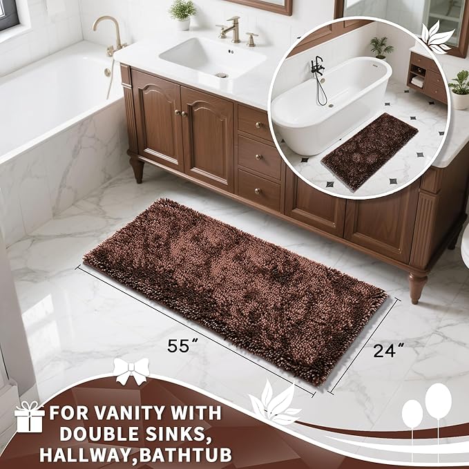 Yimobra Long Bathroom Rugs Runner 55x24 Inch, Extra Thick Soft Absorbent Chenille Bath Mat, Non Slip Machine Washable, Quick Dry Bath Rugs for Bathroom Floor, Tub and Shower, Brown
