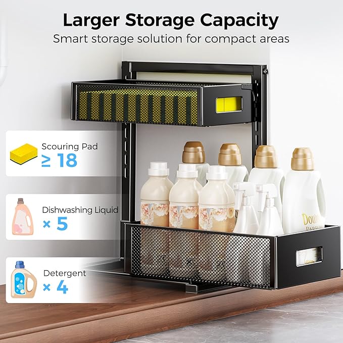 Under Sink Organizer 2 Tier, Adjustable Height Under Sink Organizers and Storage, Smooth & Silent Sliding Out Metal Drawer for Kitchen Bathroom Pantry Cabinet Closet