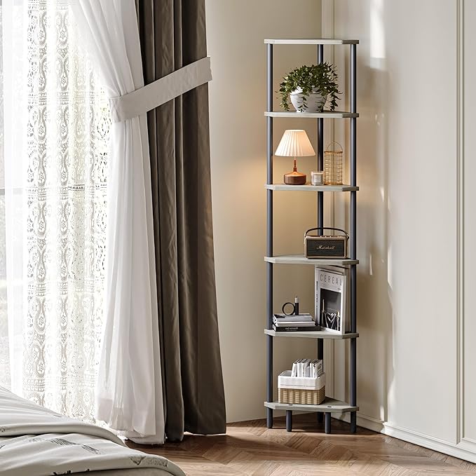 6 Tier Corner Shelf, 66.5'' Tall Standing Shelf, Narrow Display Shelf Stand, Modern Corner Bookshelf, Plant Stand, Corner Bookcase for Living Room, Bedroom, Bathroom, Oak LCS502Q