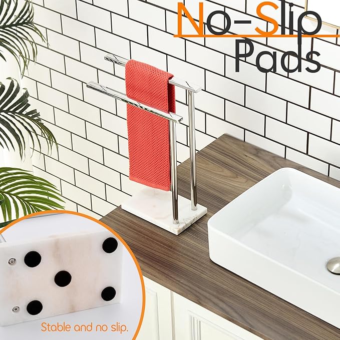 Hand Towel Holder Chrome for Bathrooms Vanity Countertop 2-Tier Towel Rack Free Standing with Thicken Marble Base, Polished Stainless Steel AN7003CH