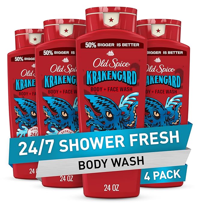 Old Spice Cleansing Body Wash for Men, 3X Defense, 24/7 Shower Fresh with Lasting Scent, 2-in-1 Body & Face Wash, Krakengard with Deep Ocean Scent, 24 oz (Pack of 4)
