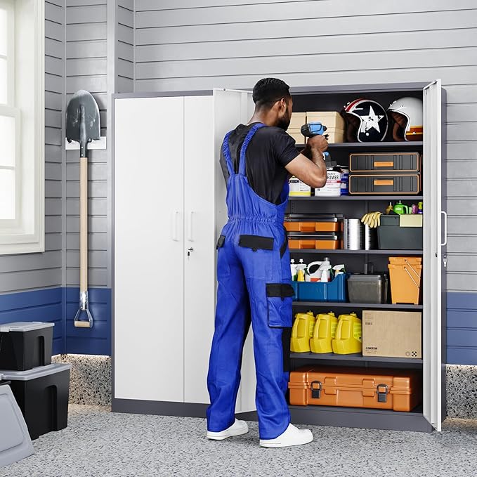 Yizosh Metal Garage Storage Cabinet with 2 Doors and 5 Adjustable Shelves - 71" Steel Lockable File Cabinet,Locking Tool Cabinets for Office,Home,Garage,Gym,School (Gray White)