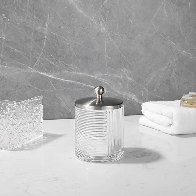 Clear Transparent Apothecary Ribbed Geometric Etched Glass Jar W/Satin Nickel Metal Lid for Bathroom Organization, Cotton Balls, Q Tips, and Small Accessories, Bathroom Storage