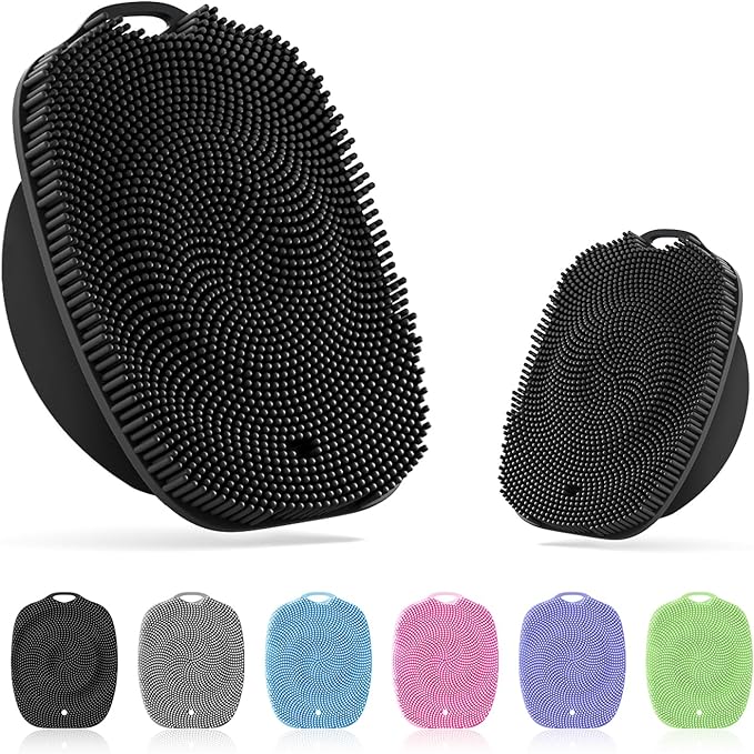 Soft Silicone Body Scrubber, Gentle Like a Hand Exfoliating Your Skin and Build Up Lather, Back Large Suction Cup Easy to Store, & Deep Clean (Body Scrubber + Face Scrubber Black)