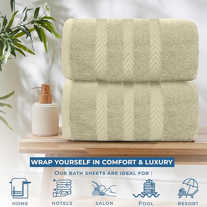 DAN RIVER 2 Pack Luxury Bath Sheets 35x70, 600 GSM, Soft & Quick Dry 100% Ring Spun Cotton Towels Ideal for Hotels, Spas, Gyms & Salons Extra Large, Beige