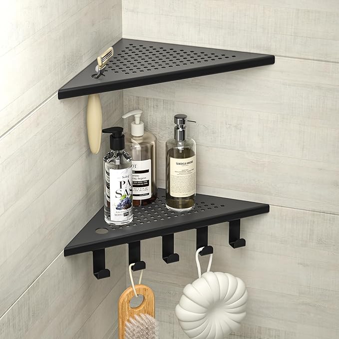 Grout in Shower Shelves with Hooks, 304 Stainless Steel Corner Bathroom Shelf for Tiled Wall (Matte Black, 10'' x 10'')