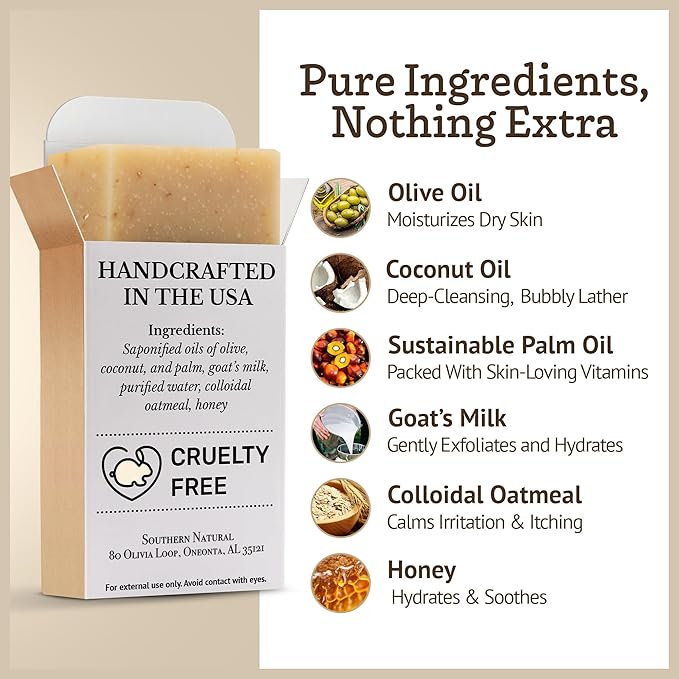 Southern Natural Oatmeal Soap Bar (3 Pack) Unscented Goat Milk Soap Bars With Colloidal Oatmeal & Honey. For Dry, Sensitive Skin. Fragrance Free Cleanser