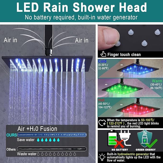 Full Body Rain Shower System - 16inch Matte Black LED Rain Shower Thermostatic Faucet Set - Spray Jet with On-off Switch, Can Run Together