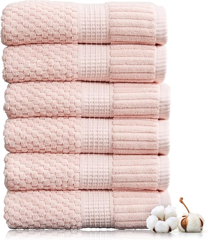 NY Loft 100% Cotton Hand Towel 6 Pack | Super Soft & Absorbent Quick-Dry Hand Towels 16" x 28" |Textured and Durable Cotton | Trinity Collection (6 Pack Hand Towel, Light Pink)