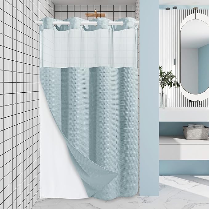 Fog Blue Stall No Hook Shower Curtain with Snap in Liner,230GSM Waffle Weave Shower Curtains for Bathroom,54W x 80H