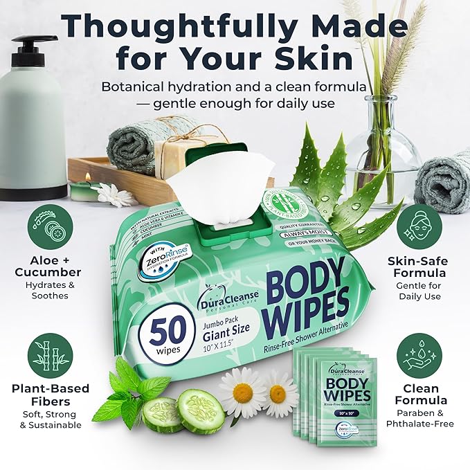 Body Wipes for Women, Extra Moist No Rinse Bathing Sheets (4 Pack) – 200 XL Shower Cloths + 16 Deodorizing Bath Wipes, 10" x 11.5" Travel Toiletries for Women’s Hygiene and Post Workout