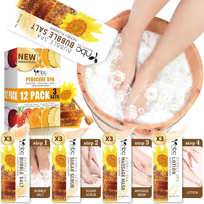 Pedicure Kit Foot Soak Set: Bubble Salt, Sugar Scrub, Massage Mask, Massage Lotion in a Box, 4 Step Foot Spa Kit for Dry Feet, Tired Feet（3 Set Honey flower)