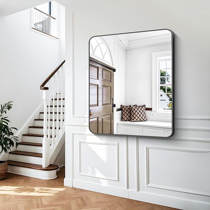 BONEWEI Black Bathroom Mirror,40x48 inch Wall Mirror for Bathroom Wall Mounted,Rectangle Mirror for Bathroom Over Sink,Modern Frame Round Corner for Living Room,Bedroom Entryway,Horizontal/Vertical