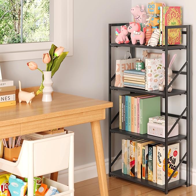 JSB No Assembly Folding Bookshelf, 4 Tier Industrial Metal Book Shelf for Storage, Vintage Wood Foldable Bookcase for Living Room, Bedroom, Office Organization Shelves