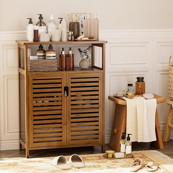 HITNET Walnut Bathroom Floor Cabinet, Bamboo Side Tall Storage Organizer, Freestanding Kitchen Cupboard with Door and Shelf