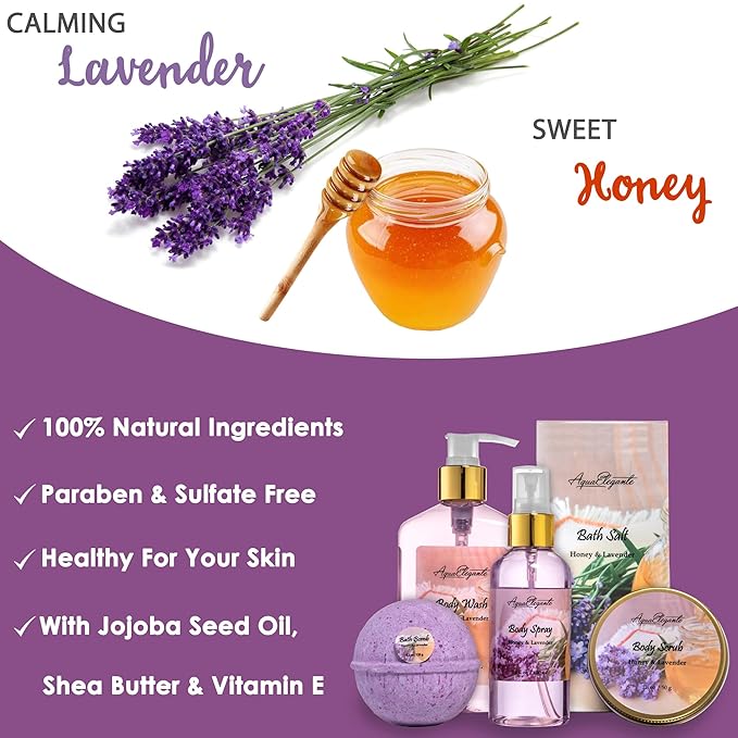 Bath Spa Gift Sets - Luxury Basket With Honey & Lavender - Spa Kit Includes Wash, Bubble Bath, Lotion, Bath Salts, Body Scrub, Body Spray, Shower Puff, Bathbombs, Soap and Towel