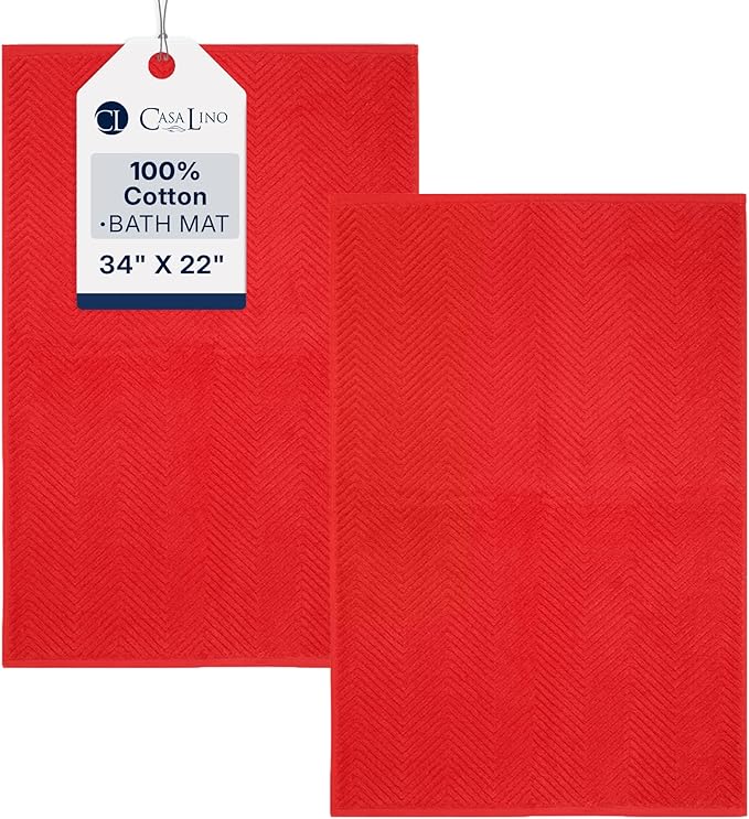 Casa Lino 100% Cotton Bath Mat Set of 2 (NOT A Rug) - 34" x 22" Bathroom Floor Towels - Machine Washable, Soft, Highly Absorbent & Quick Dry Bath Floor Towel (Red)