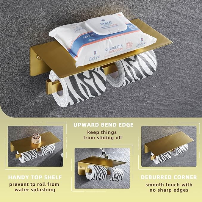 Angle Simple Toilet Paper Holder with Shelf Brushed Gold, 304 Stainless Steel Double Toilet Tissue Holder for Wall