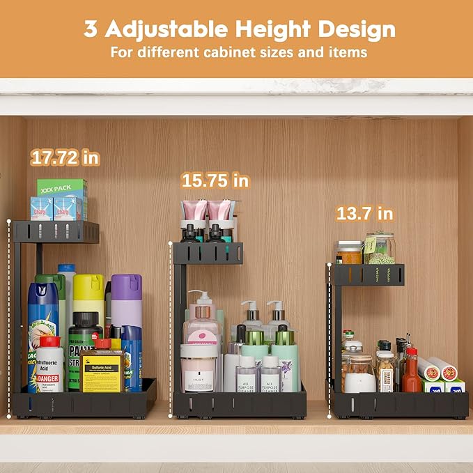 REALINN Under Sink Organizer, 2 Tier Expandable Under Cabinet Organizer, Heights Adjustable Pull Out Storage for Kitchen Bathroom Laundry, Black, 2 Pack