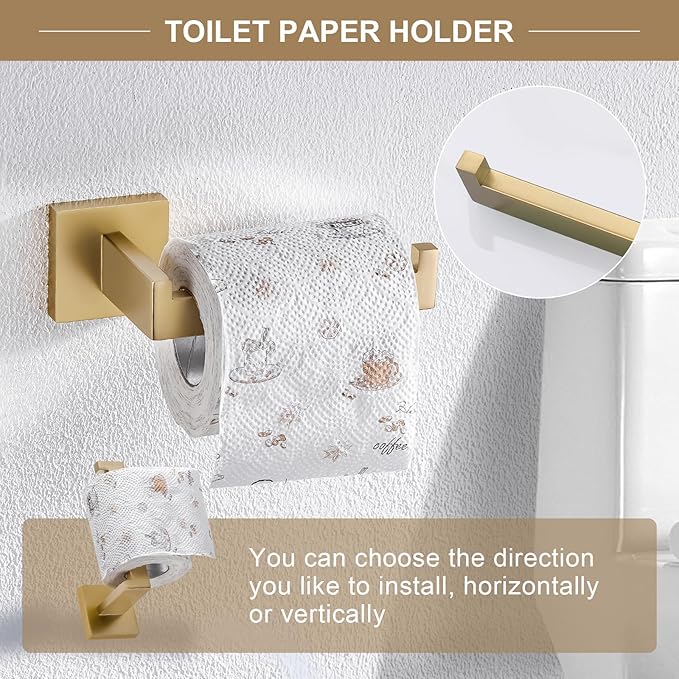 TQKAG 6-Piece Bathroom Towel Bar Sets Brushed Gold 23.6 inch Towel Bar Stainless Steel Towel Ring Coat Hook and Toilet Paper Holder Bathroom Hardware Set Wall Mounted Bathroom Accessories Kit