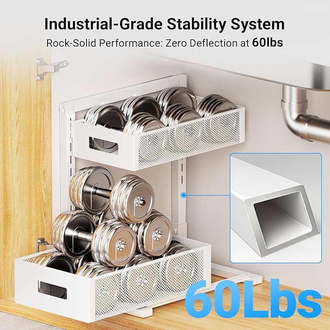 Pull-out Under Kitchen Sink Organizer, Metal Functional Under Sink Organizer, Height Adjustable Under Bathroom Sink Organizer, Under Sink Storage for Kitchen Bathroom Cabinet (White)