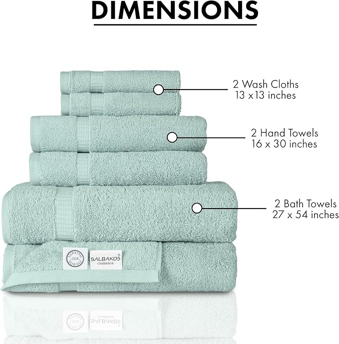 SALBAKOS 100% Turkish Cotton 6-Piece Towel Set | Heirloom Quality Hotel & Spa Collection | Soft, Absorbent 2 Washcloth, 2 Hand, 2 Bath Towel Sets | Made in Turkey (Seafoam Green, 6 Piece Towel Set)