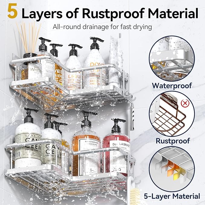 YASONIC Corner Shower Caddy Organizer, 5-Pack Self-Adhesive Rustproof Bath Shelves with Soap Holder & 4 Hooks, Large Capacity Shower Storage Rack for Bathroom Organization, Silver