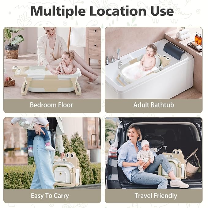 Collapsible Baby Bathtub for Newborn, Foldable Baby Bath Tub with Thermometer & Soft Floating Cushion & Drain Hole, Portable Travel Infant Bath Tubs for Newborns to Toddlers 0-36 Months Boys, Beige