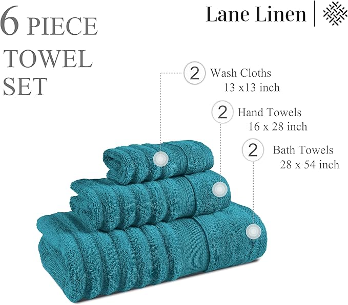 LANE LINEN Towels for Bathroom - Luxury, 100% Cotton Bath Towel Set of 6 - Includes 2 Bath, 2 Hand Towel, 2 Wash Cloths for Body - Zero Twist, Ribbed, Quick Dry Bath Towels for Daily Use - Sea Port