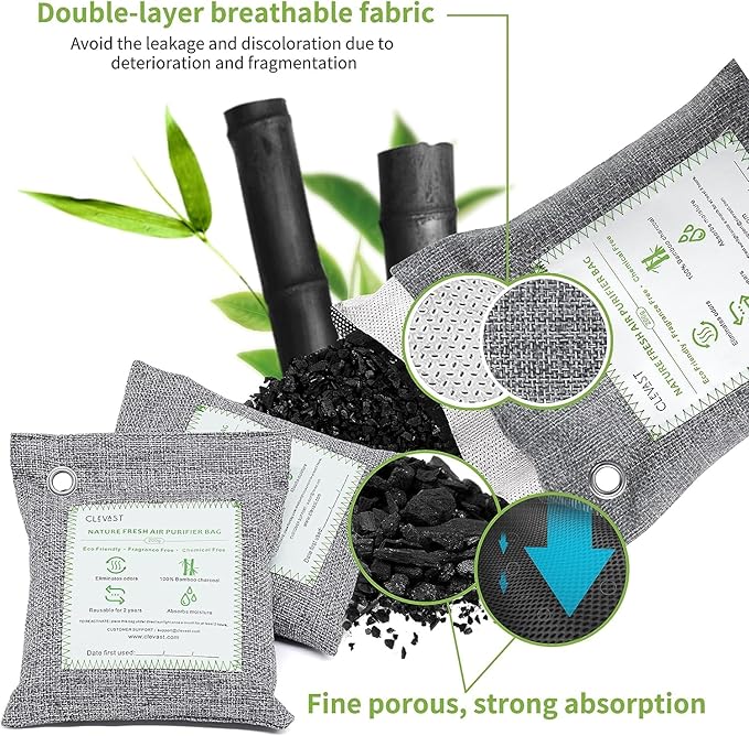 CLEVAST Bamboo Charcoal Air Purifying Bags (Large, 4×200g), Removes Odors and Moisture, Nature Fresh Air Purifier Bags, Odor Eliminator for Home, Car, Pets, Bathroom, Basement