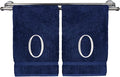 Monogrammed Hand Towel, Personalized Initial Gift, Extra Absorbent 100% Turkish Cotton - Soft Terry Finish - Set of 2 - White Block Initial O - Embroidered on Navy Blue Towels