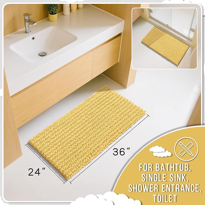 Yimobra Large Bathroom Rugs Non Slip Washable 36x24 Inch - Ultra Soft Absorbent Chenille Bath Mat, Quick Dry Shaggy Floor Carpet for Tub Shower, Yellow Home Decor Accessories
