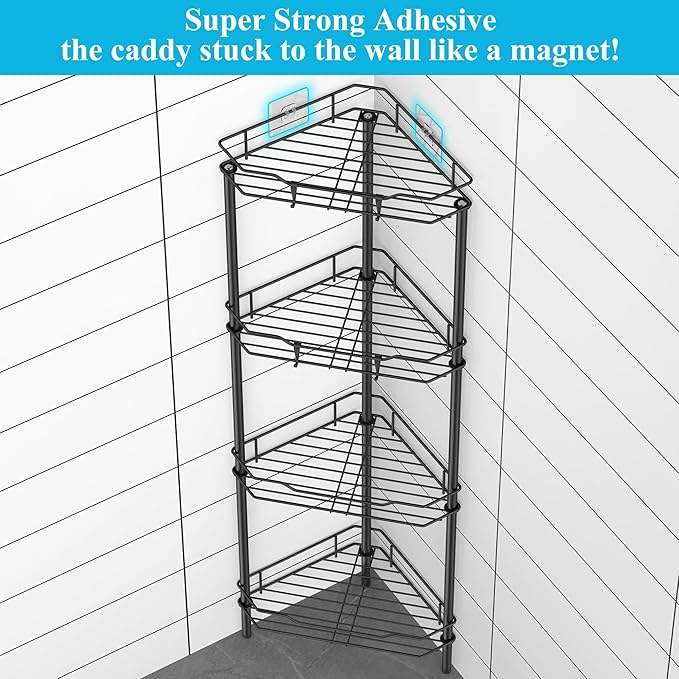 4 Tier Floor Standing Corner Shower Caddy Organizer Shelf with Hooks, Bathroom Shelves Stand Rack, Black