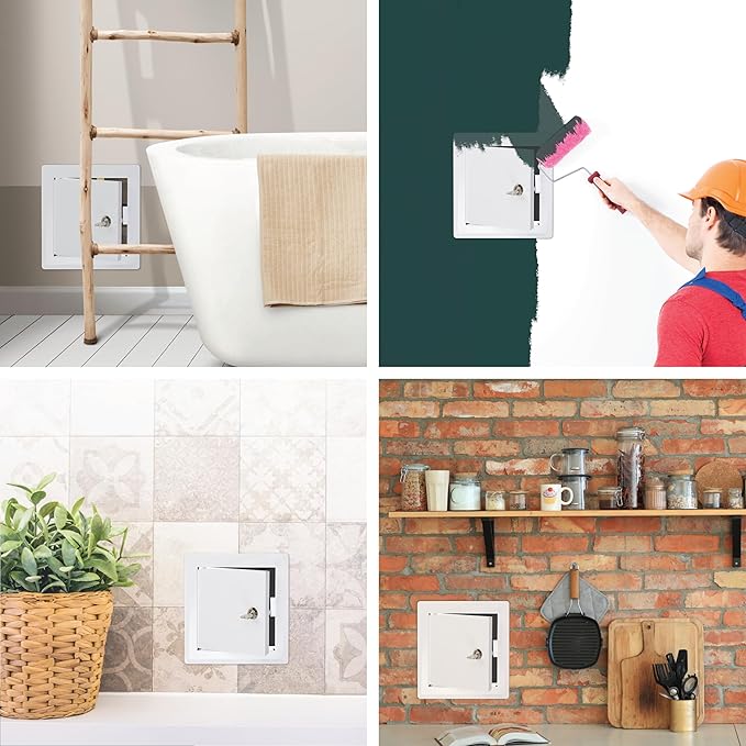 6" x 6" Lockable White Metal Access Panel. Service Shaft Door Panel with Key. Plumbing, Electricity, Heating, Alarm Wall Access Panel for Drywall. Bathroom Services Access Hole Cover.