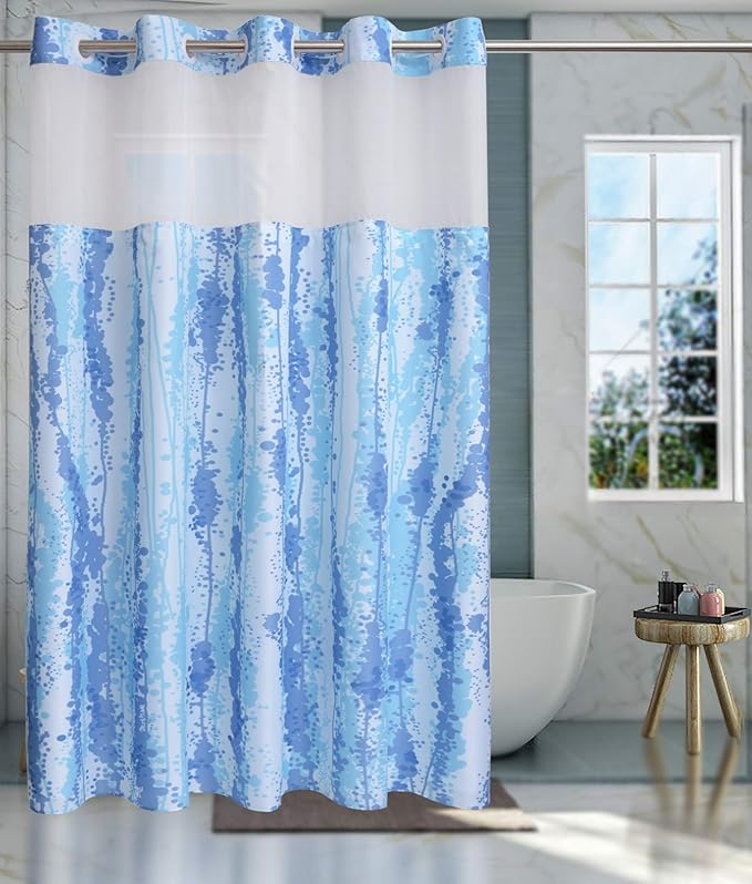 Conbo Mio No Hook Shower Curtain with Snap in Liner Set, Hotel Luxury Blue Shower Curtains for Bathroom with See Through Top Window, Waterproof, Washable 71W x 74H