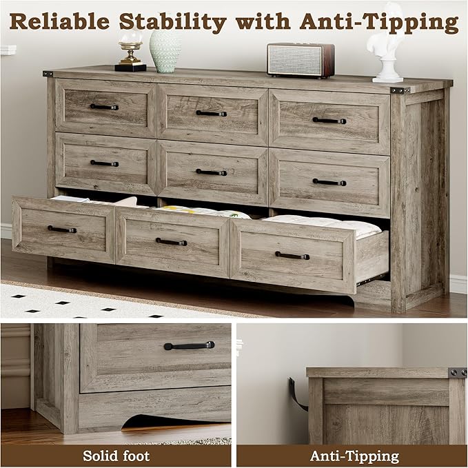 9-Drawer Dresser for Bedroom, Modern Wooden Chest of Drawers with Metal Handles, Anti-Tipping Design, Sturdy and Stable Storage Organizer for Living Room, Entryway, Home Office