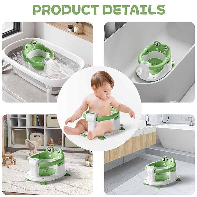 Baby Bath Seat for Babies 6 Months & Up - Toddler Bath Seats for Baby Sitting Up with 4 Suction Cups & Soft Cushion, Non-Slip Infants Shower Bathtub Chair for Newborn Boys Girls, Green