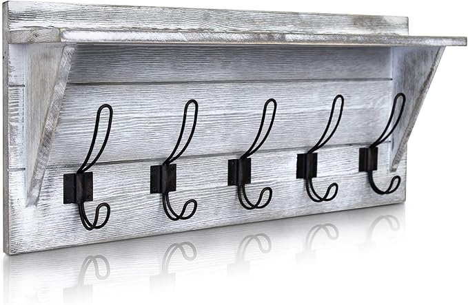 HBCY Creations Rustic Wall Mounted Coat Rack with Shelf - Solid Wood 24" Entryway Shelf with 5 Coat Hangers. Perfect Touch for Your Entryway, Mudroom, Kitchen, Bathroom and More, Whitewash