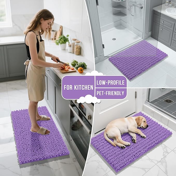 Yimobra Large Bathroom Rugs Non Slip Washable 36x24 Inch - Ultra Soft Absorbent Chenille Bath Mat, Quick Dry Shaggy Floor Carpet for Tub Shower, Lavender Home Decor Accessories
