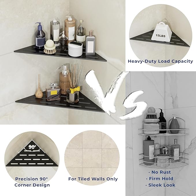 Corner Shower Caddy Shelf, Recessed Built-in Bathroom Storage for Tiled 90° Walls, Matte Black 304 Stainless Steel, Set of 2