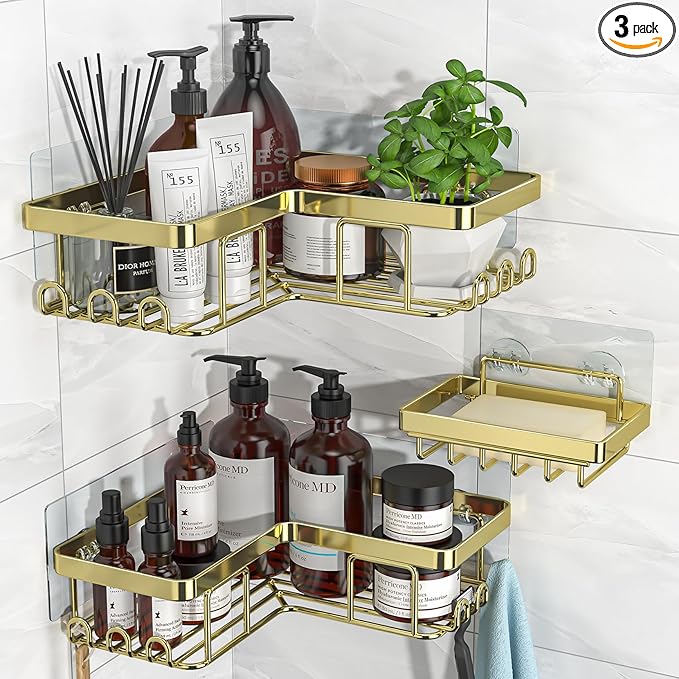 YASONIC Corner Shower Caddy, 3-Pack Adhesive Bathroom Caddy with Soap Holder and 12 Hooks, Rustproof Stainless Steel Shower Organizer, No Drilling Wall Mounted Shower Rack, for Bathroom, Gold